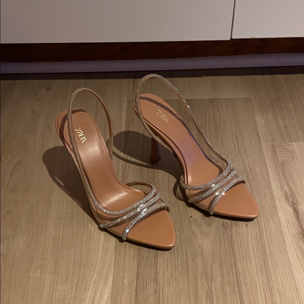 Zara 37 Nude Strappy Heels with Silver Accents